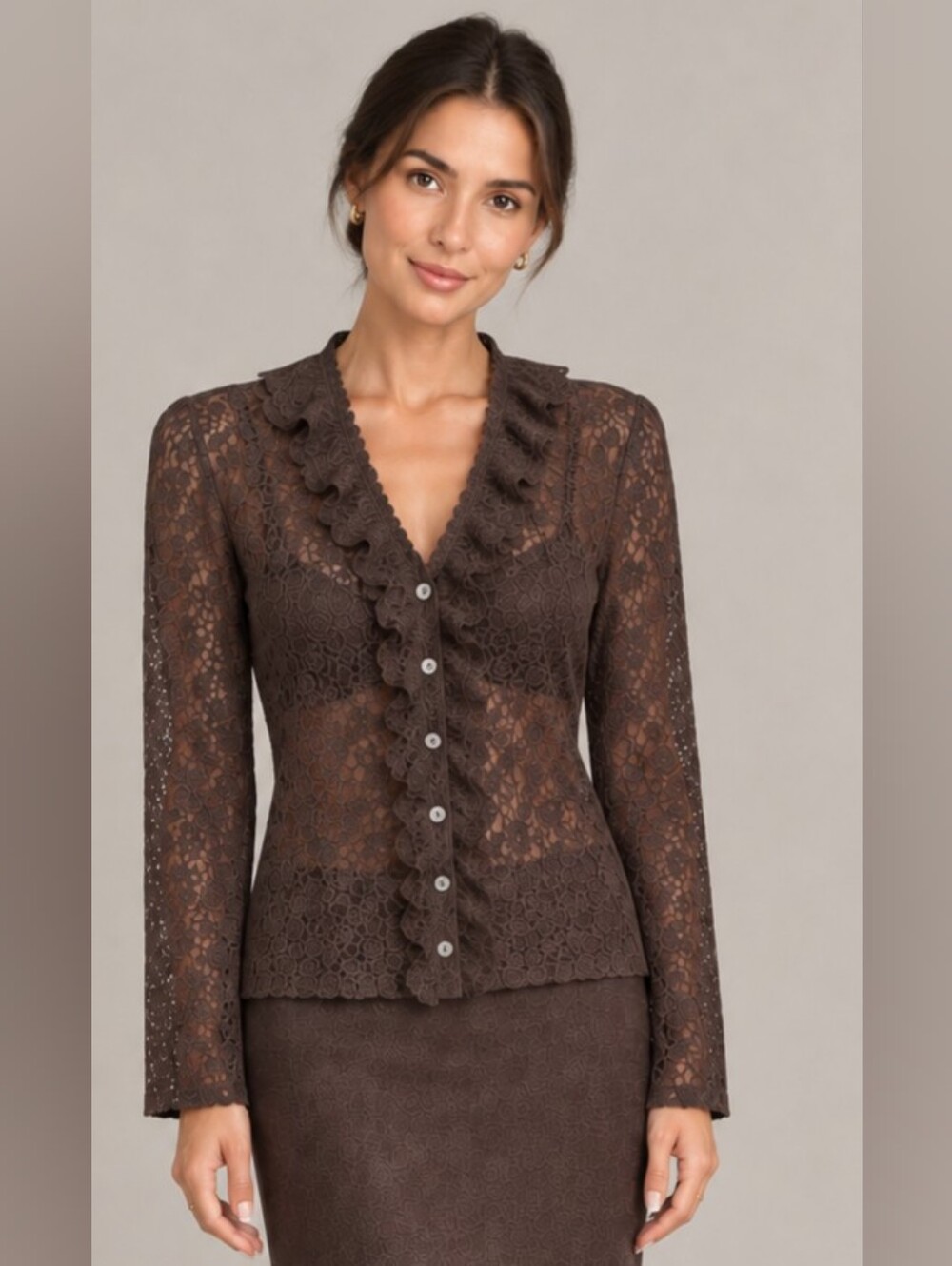 brown sheer lace button-down top Harlow size M